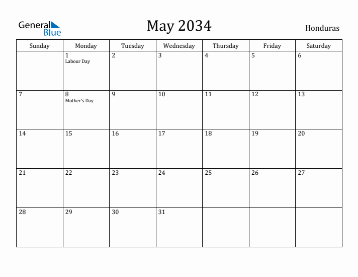 May 2034 Calendar Honduras