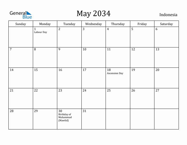 May 2034 Calendar Indonesia