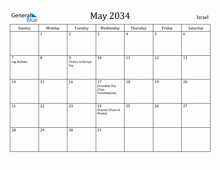 May 2034 Calendar Israel