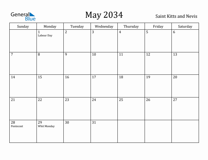 May 2034 Calendar Saint Kitts and Nevis