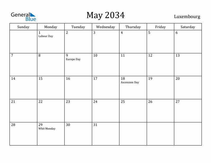 May 2034 Calendar Luxembourg