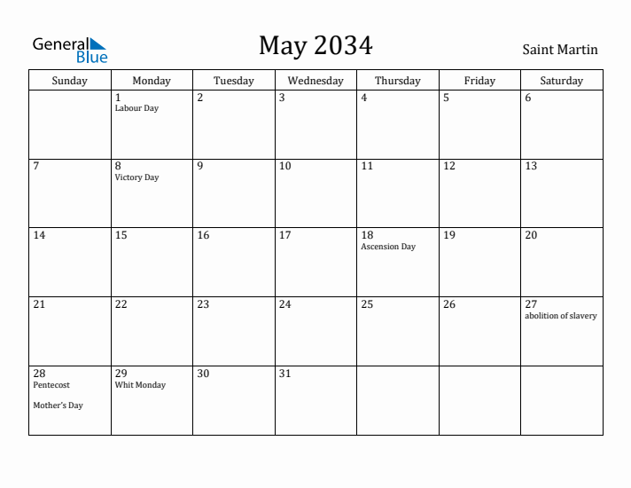 May 2034 Calendar Saint Martin
