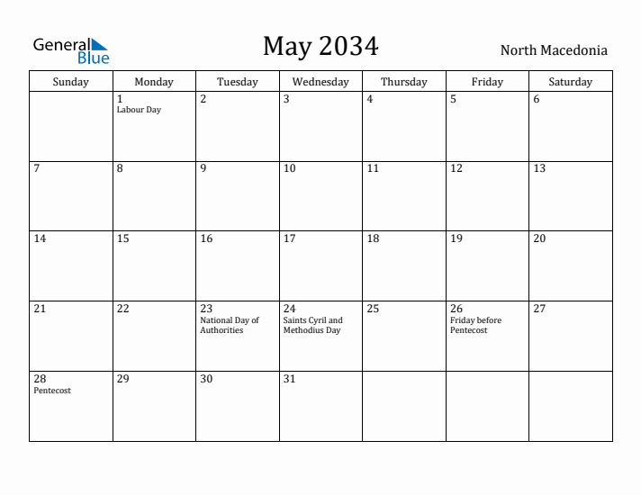 May 2034 Calendar North Macedonia