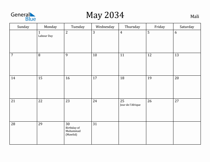 May 2034 Calendar Mali
