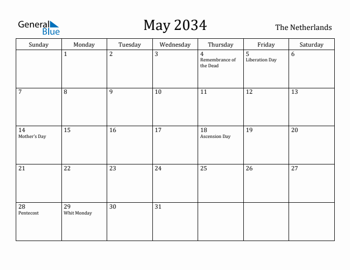 May 2034 Calendar The Netherlands