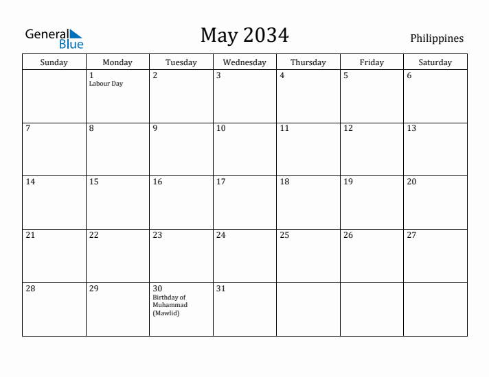 May 2034 Calendar Philippines