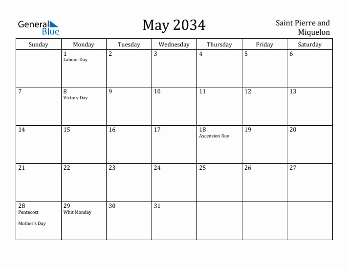 May 2034 Calendar Saint Pierre and Miquelon