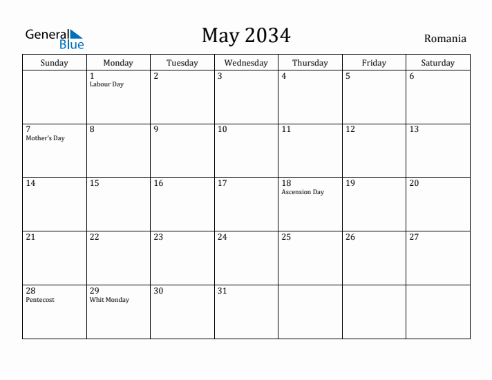 May 2034 Calendar Romania
