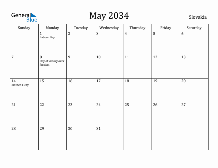 May 2034 Calendar Slovakia
