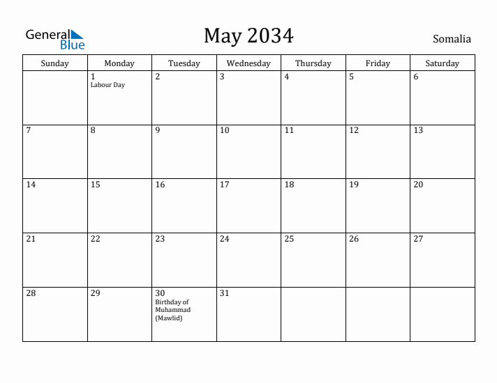 May 2034 Calendar Somalia