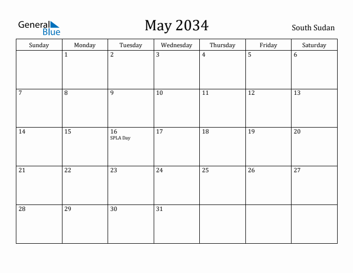 May 2034 Calendar South Sudan