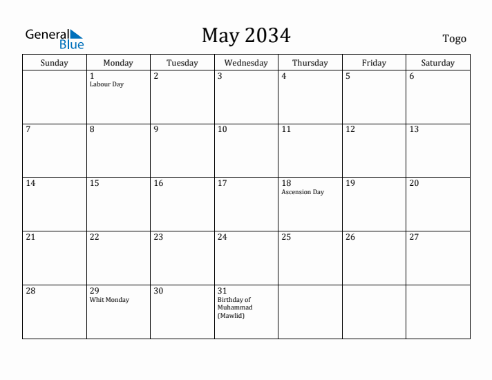 May 2034 Calendar Togo