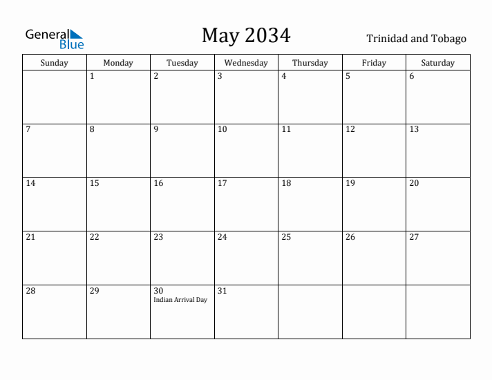 May 2034 Calendar Trinidad and Tobago