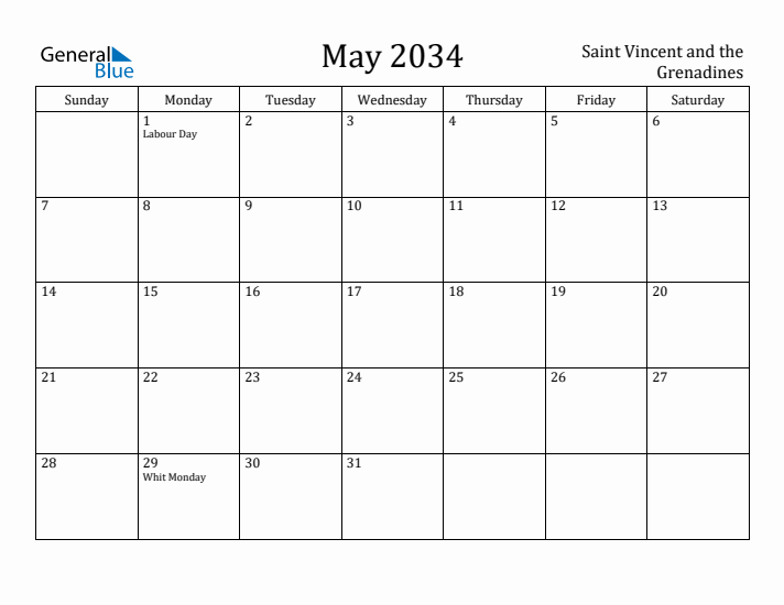 May 2034 Calendar Saint Vincent and the Grenadines