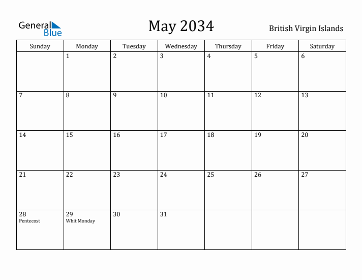 May 2034 Calendar British Virgin Islands