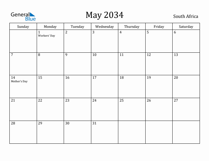 May 2034 Calendar South Africa