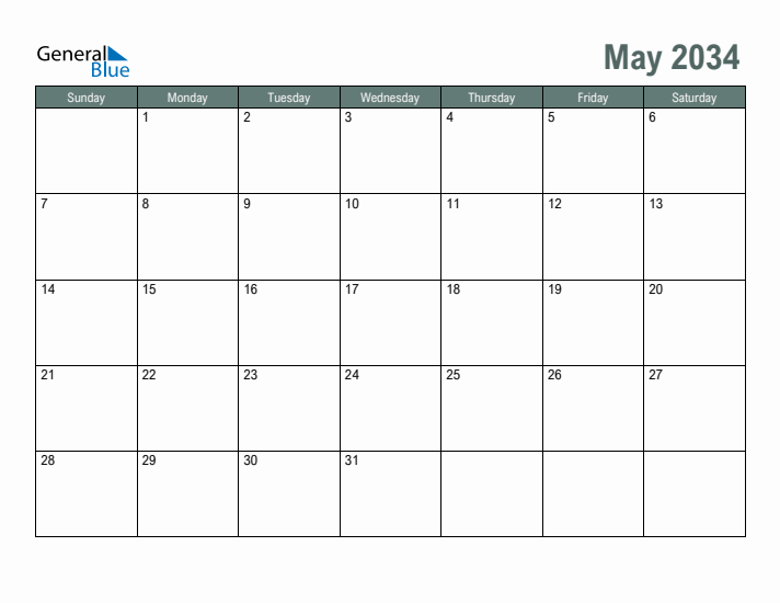 Free Printable May 2034 Calendar