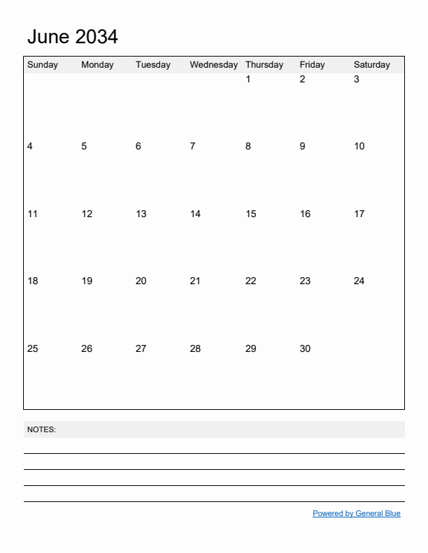 Basic Monthly Calendar Template for June 2034