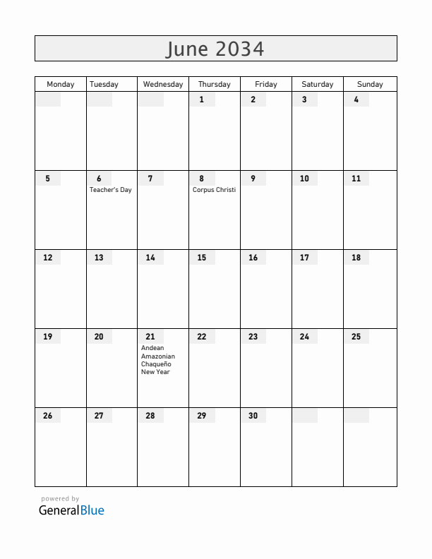 Bolivia June 2034 Calendar with Holidays