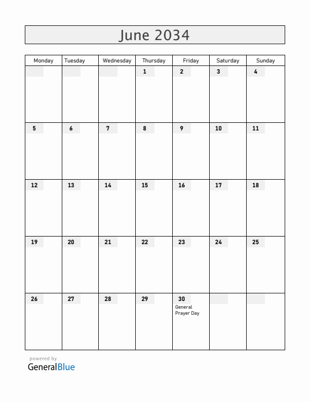 Central African Republic June 2034 Calendar with Holidays