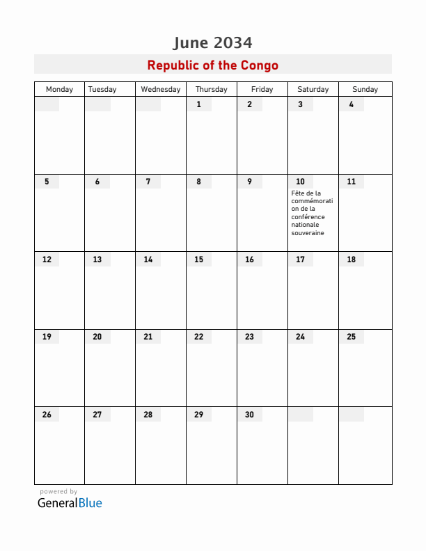 Republic of the Congo June 2034 Calendar with Holidays