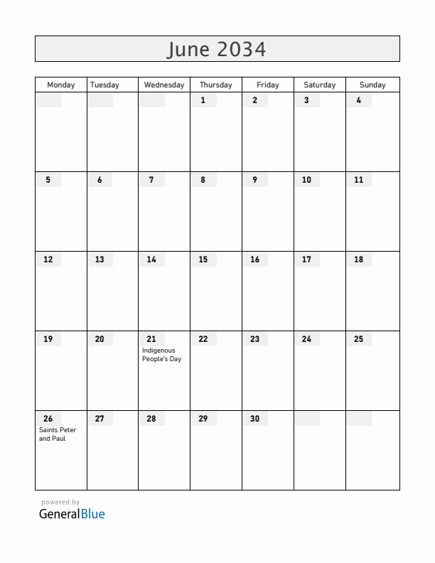Chile June 2034 Calendar with Holidays