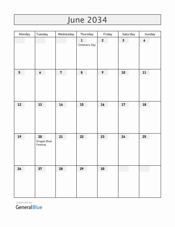 China June 2034 Calendar with Holidays