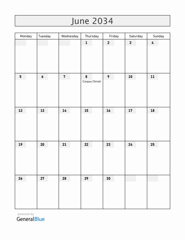 Dominican Republic June 2034 Calendar with Holidays
