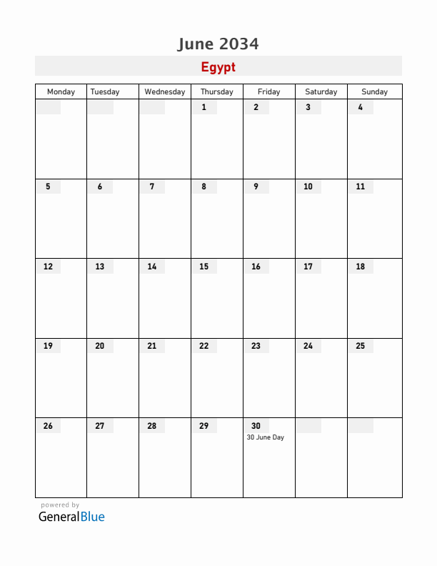 Egypt June 2034 Calendar with Holidays