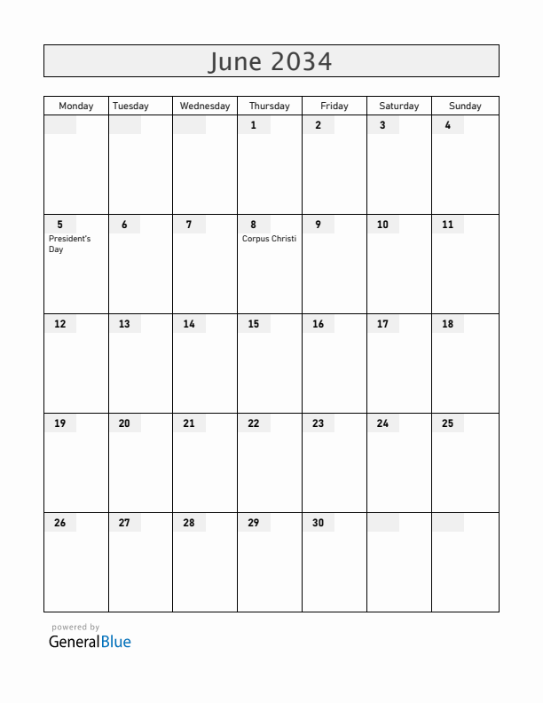 Equatorial Guinea June 2034 Calendar with Holidays