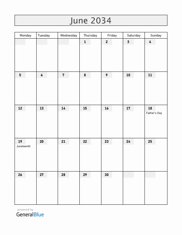Guam June 2034 Calendar with Holidays