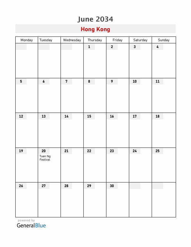 Hong Kong June 2034 Calendar with Holidays