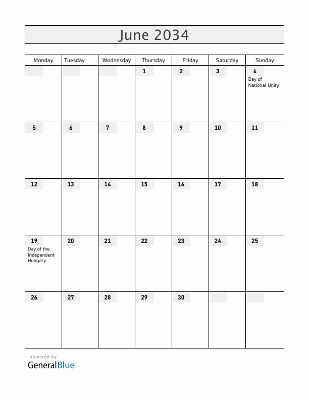 Hungary June 2034 Calendar with Holidays