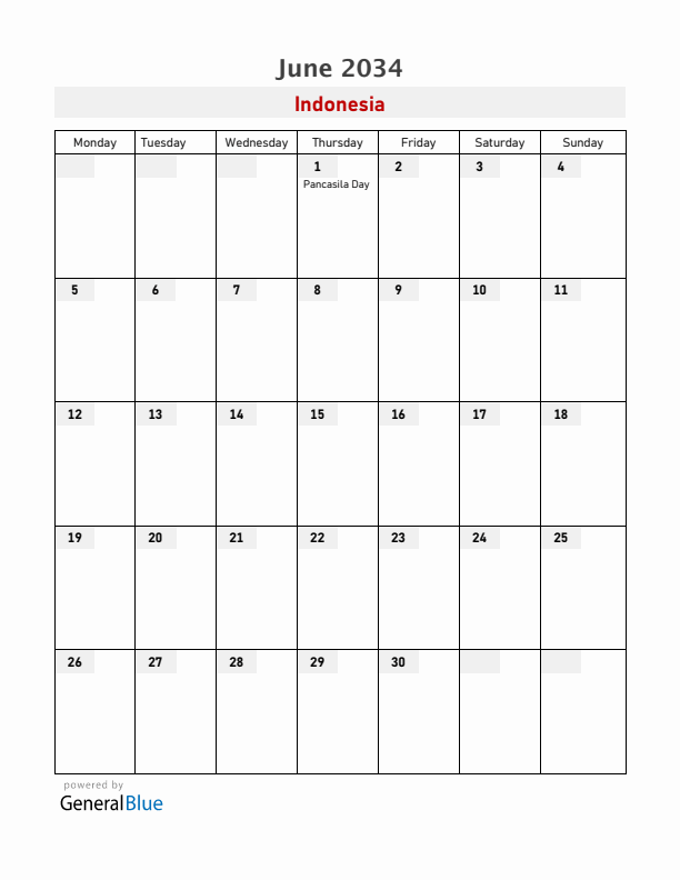 Indonesia June 2034 Calendar with Holidays