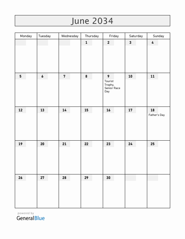 Isle of Man June 2034 Calendar with Holidays