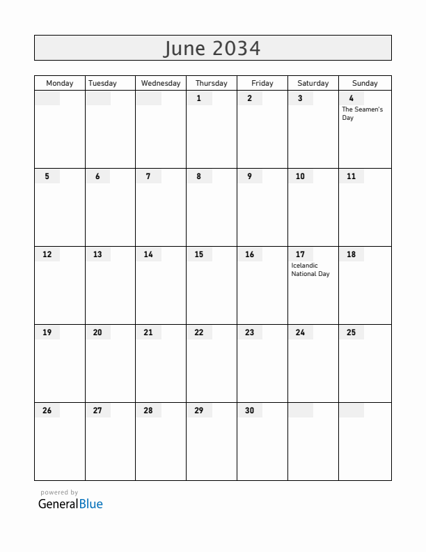 Iceland June 2034 Calendar with Holidays