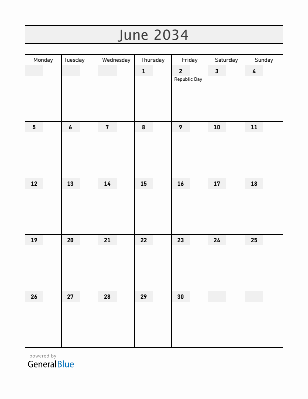 Italy June 2034 Calendar with Holidays