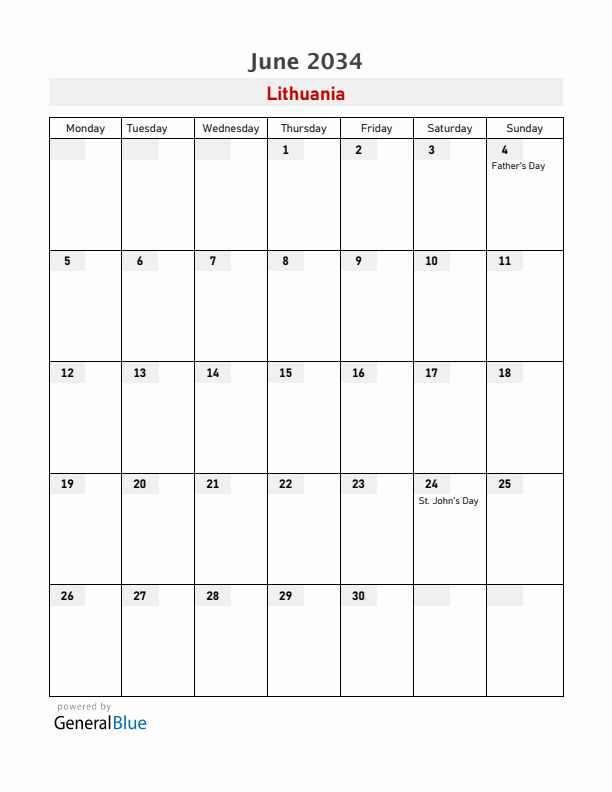 Lithuania June 2034 Calendar with Holidays