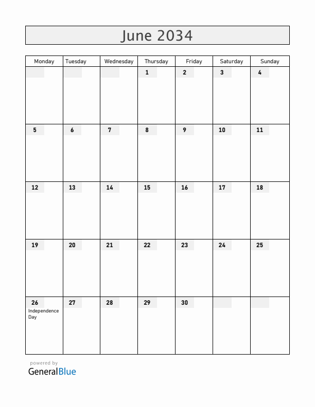 Madagascar June 2034 Calendar with Holidays