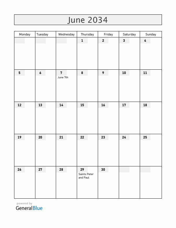 Malta June 2034 Calendar with Holidays
