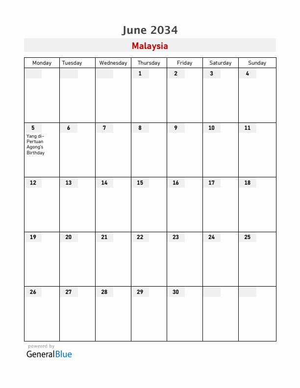 Malaysia June 2034 Calendar with Holidays