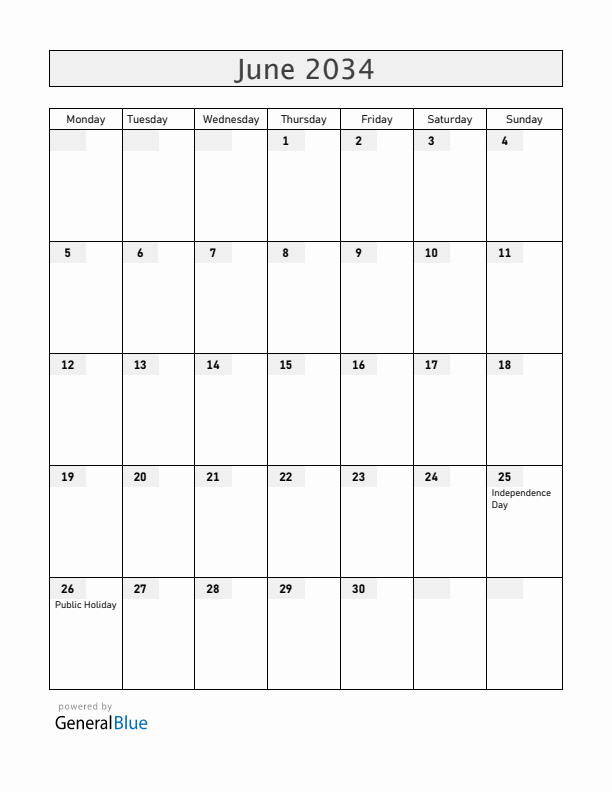 Mozambique June 2034 Calendar with Holidays
