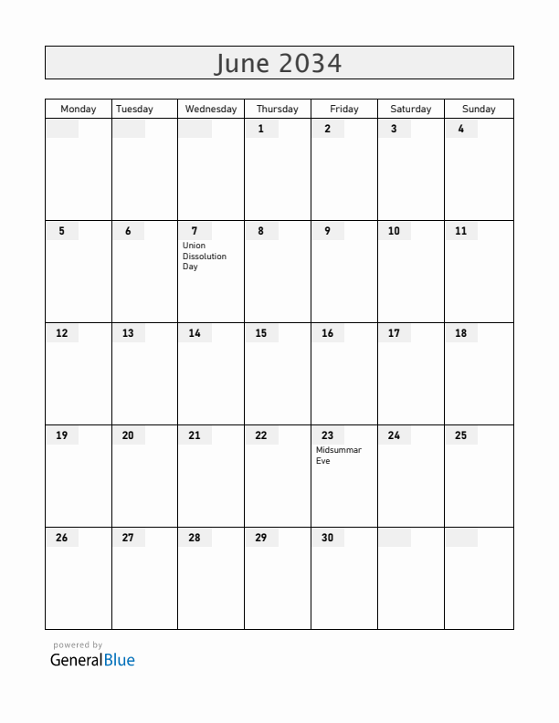 Norway June 2034 Calendar with Holidays