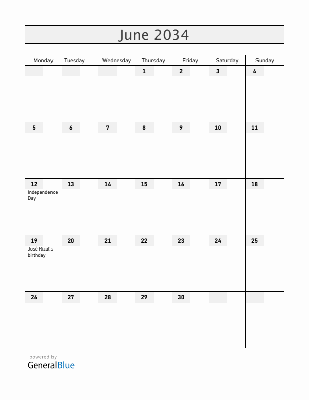 Philippines June 2034 Calendar with Holidays