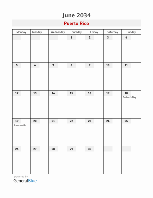 Puerto Rico June 2034 Calendar with Holidays