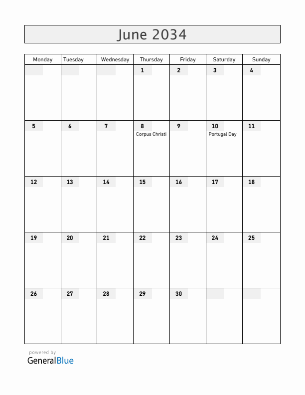 Portugal June 2034 Calendar with Holidays