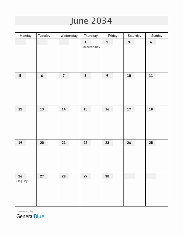 Romania June 2034 Calendar with Holidays