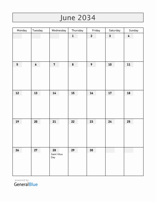 Serbia June 2034 Calendar with Holidays