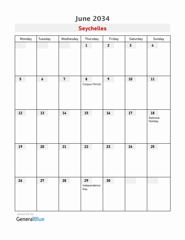 Seychelles June 2034 Calendar with Holidays