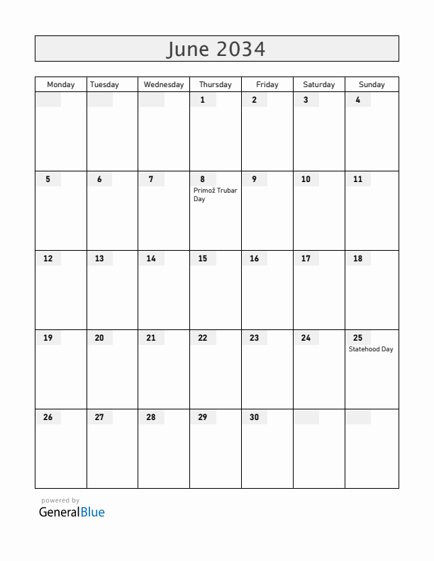 Slovenia June 2034 Calendar with Holidays